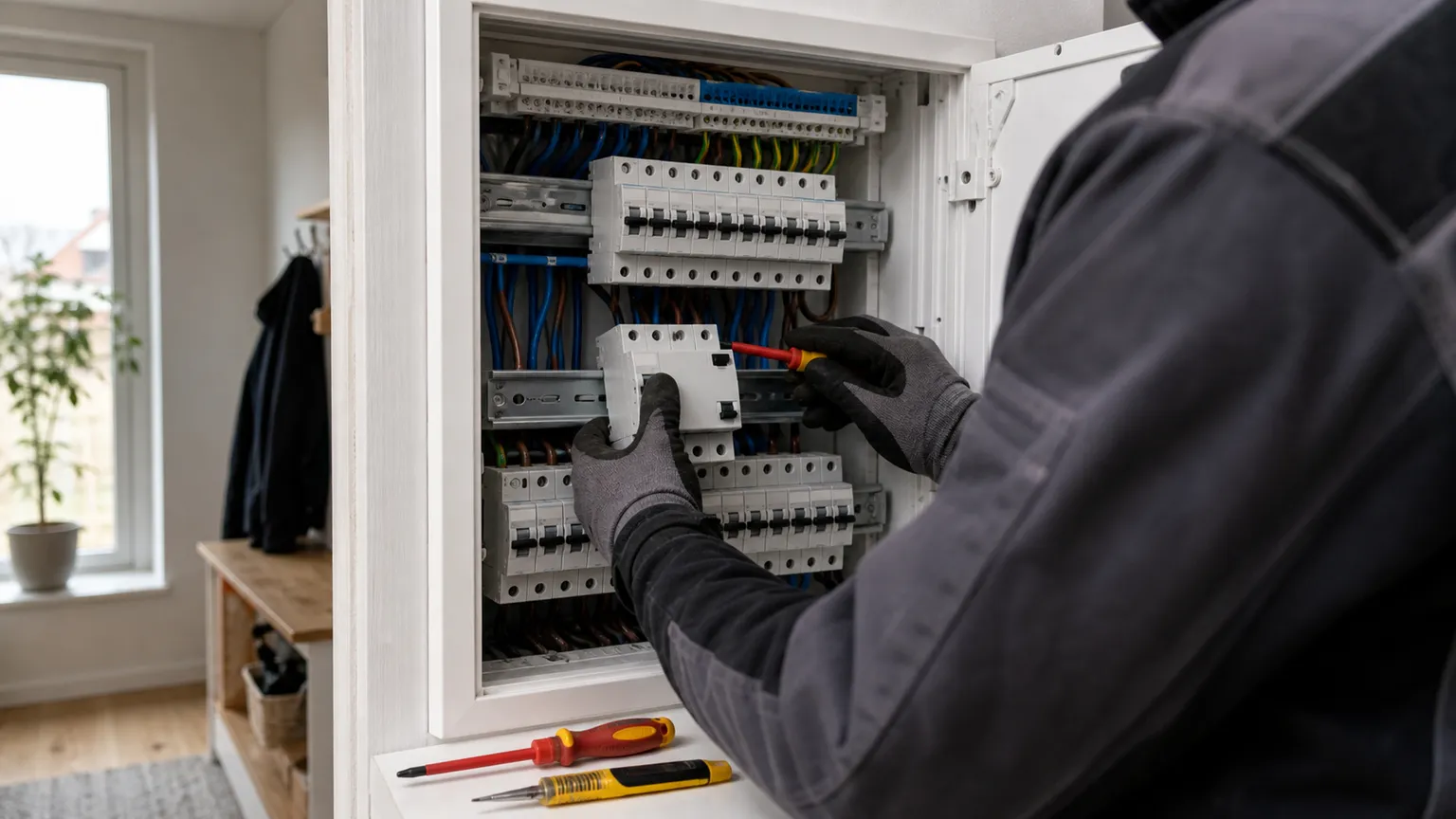 Elektriker udskifter et HPFI-relæ i en åben eltavle i et lyst dansk hjem.