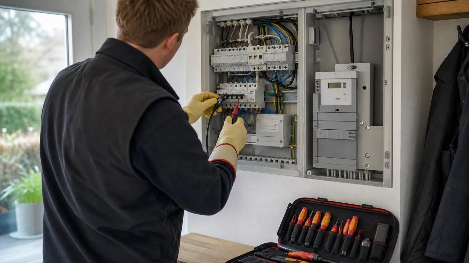 Autoriseret elektriker kontrollerer en moderne eltavle med gruppeafbrydere og måler i et dansk hjem.