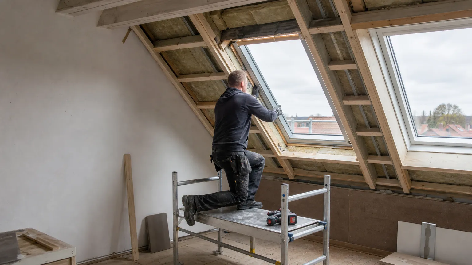 Tømrer monterer et nyt ovenlysvindue fra et sikkert stillads i et dansk loftsrum under renovering.