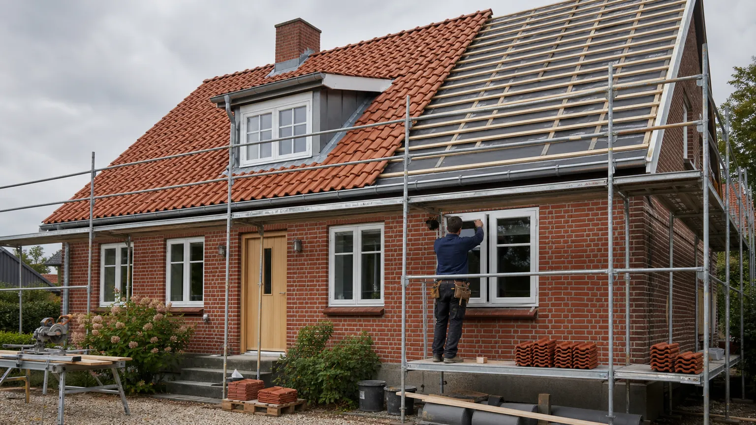 Tømrer monterer vindue på dansk murstenshus, mens tag, vinduer og hoveddør renoveres.
