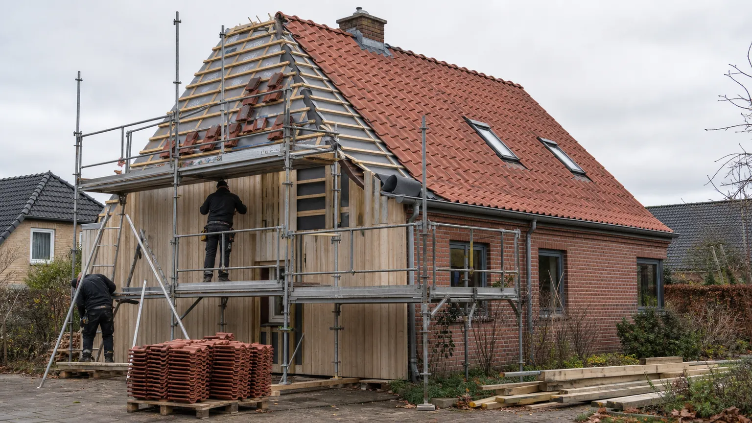 Dansk murstenshus under renovering med nyt tegltag, træbeklædt facade, stillads og tømrere i arbejde.