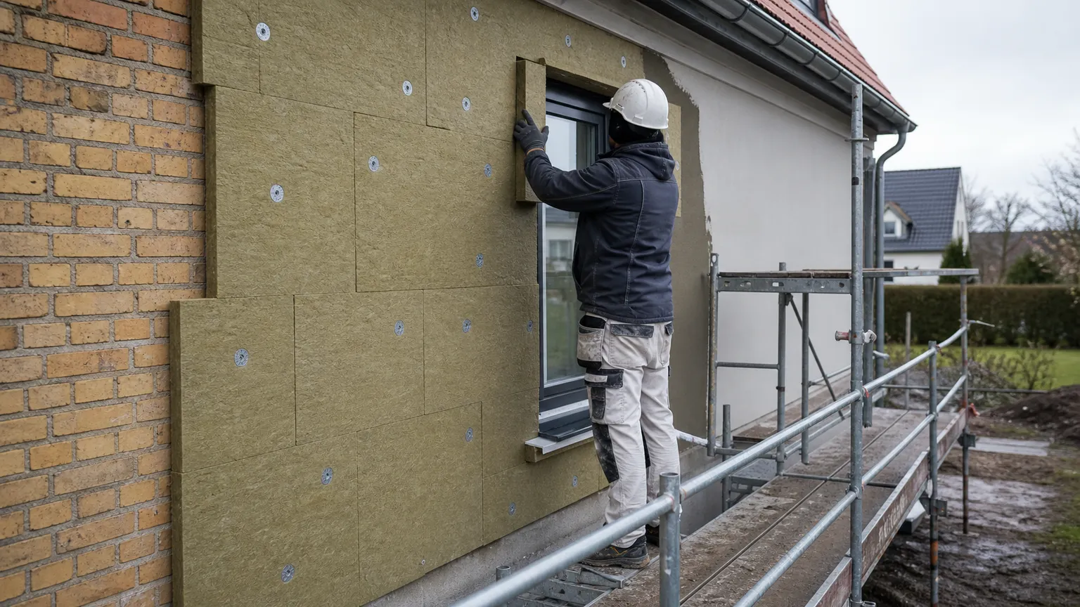 Håndværker monterer udvendig mineraluldsisolering på et dansk murstenshus fra et sikkert stillads.