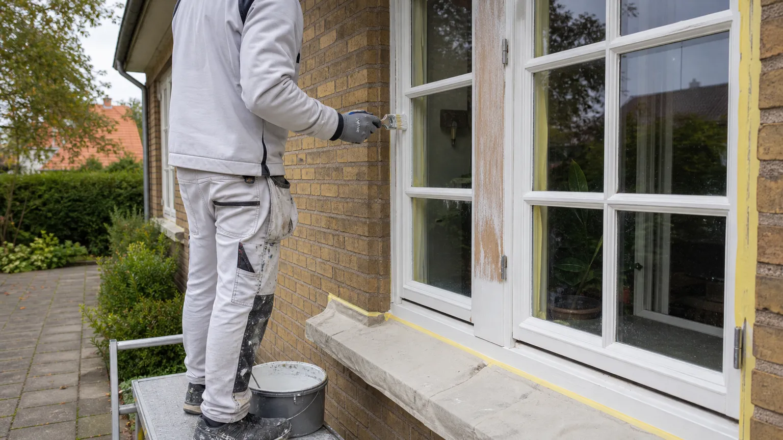 Maler på arbejdsplatform maler trærammer på vinduer i et dansk murstenshus.