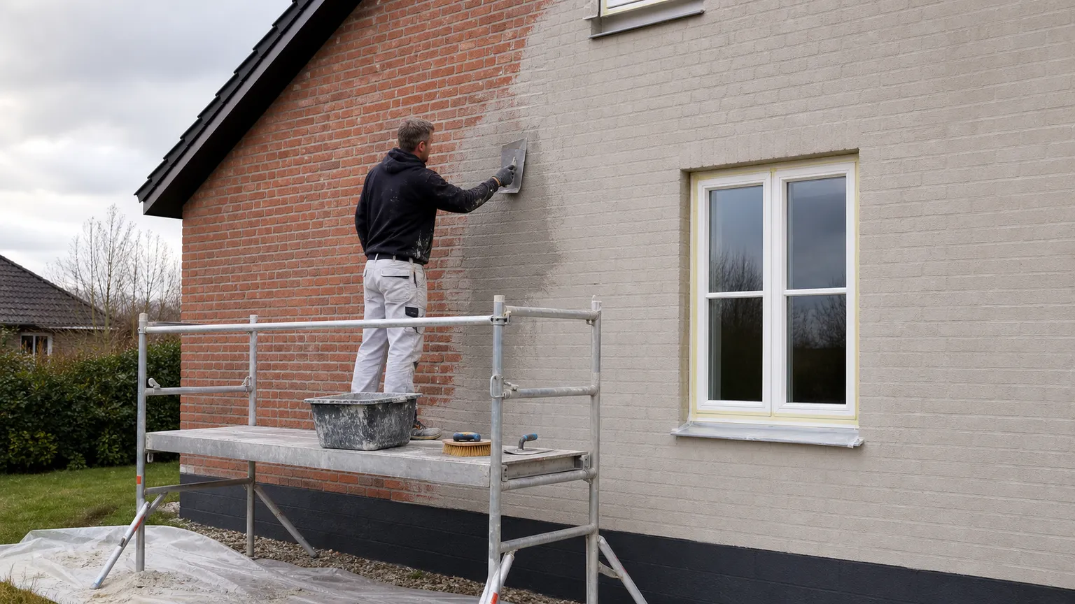 Murer vandskurer en dansk murstensfacade med lys mørtel fra et sikkert stillads.