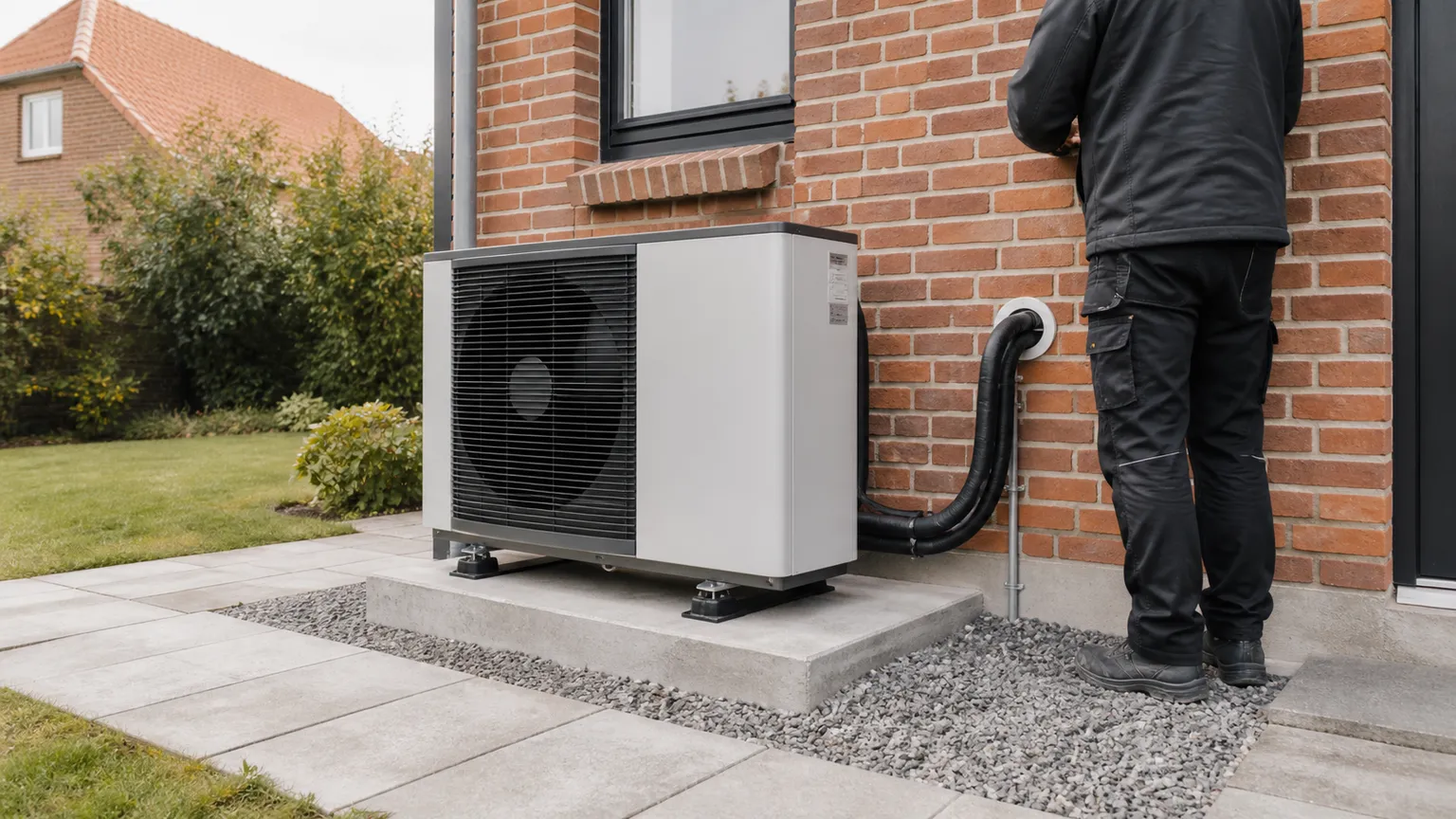 Luft-til-vand-varmepumpe ved dansk murstenshus, mens en installatør kontrollerer anlægget.