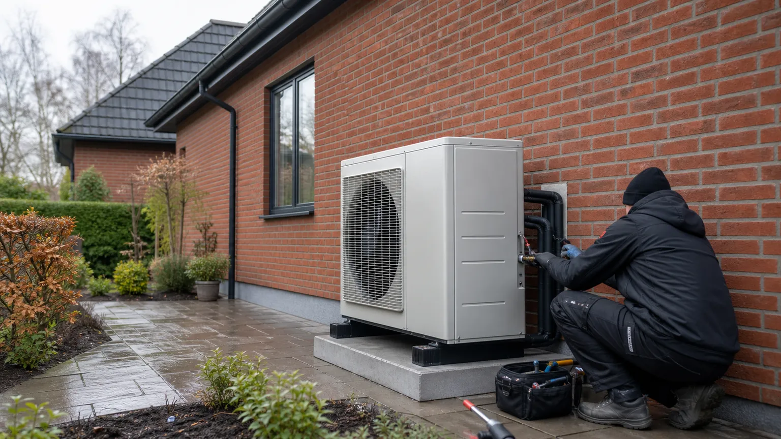 Installatør tilslutter en luft-til-vand-varmepumpe ved et dansk murstenshus i blødt dagslys.