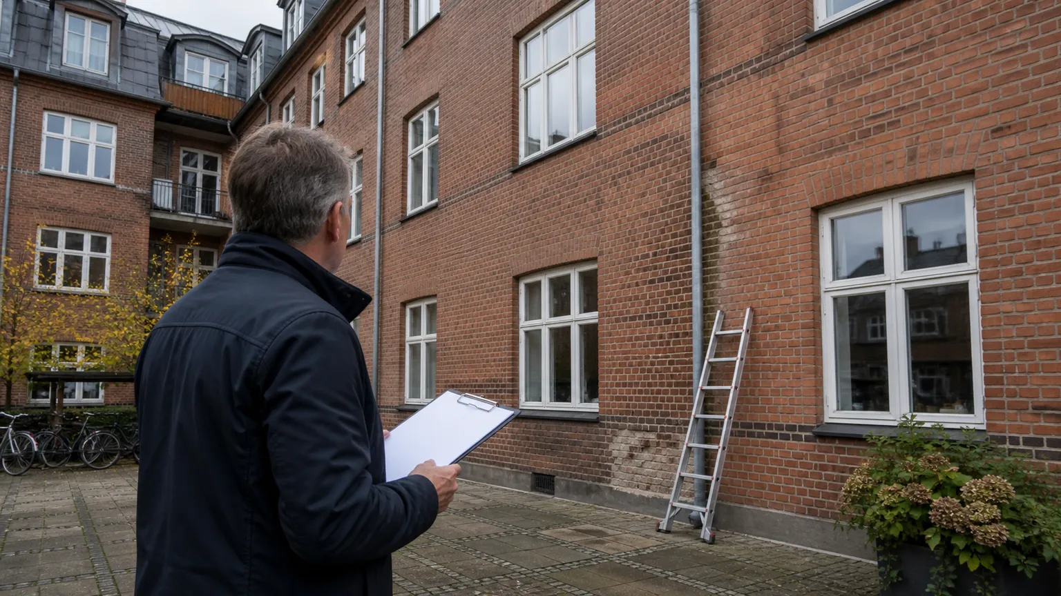 Bygningssagkyndig inspicerer murværk og nedløbsrør i gården ved en dansk andelsbolig.