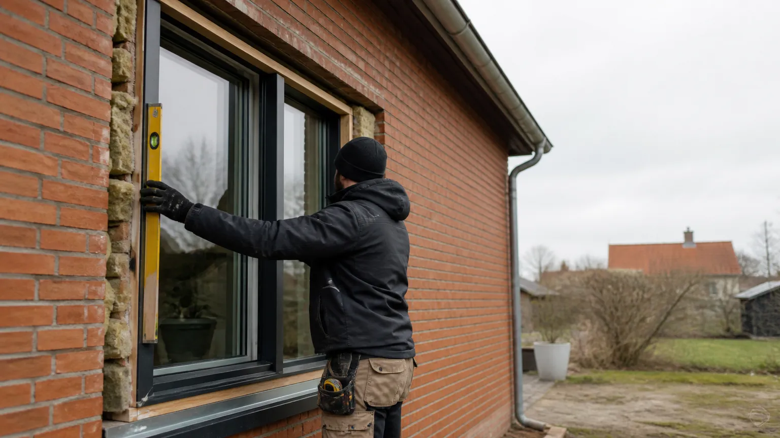 Håndværker kontrollerer et nyt energivindue med vaterpas i murstenshus.